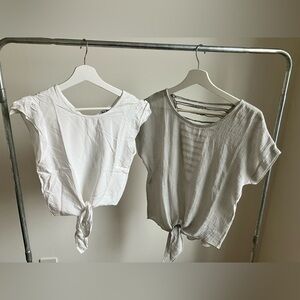 White and Gray Cropped Tie-Front Women Tops
